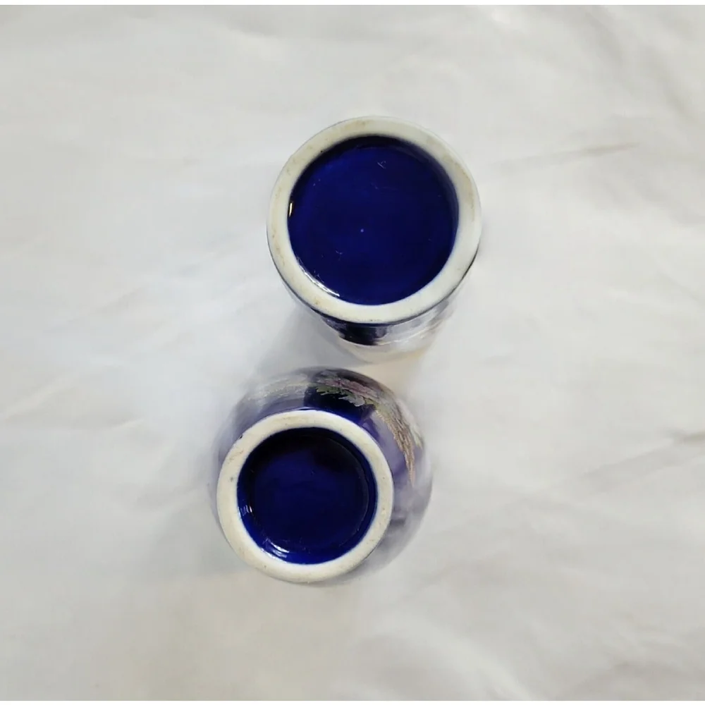 2 Vintage Miyako Mini Vases Cobalt‎ Blue W/ Gold Accents Floral & Peacock